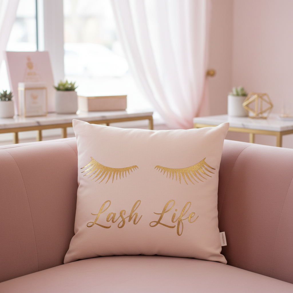 Lash Life throw pillow on a pink velvet couch in a lash studio