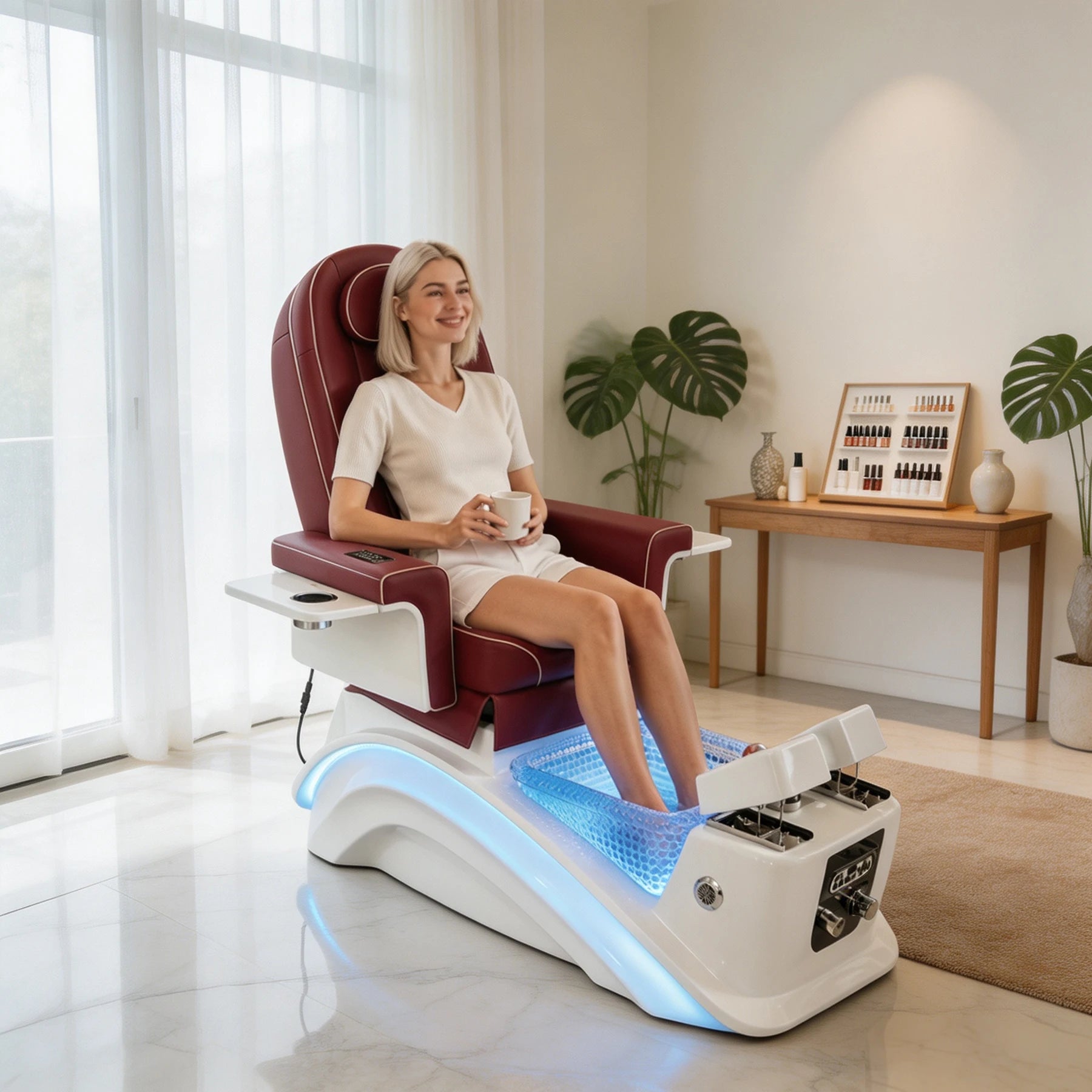 Lashelier Luxe Burgundy Spa Pedicure Chair with LED Foot Basin