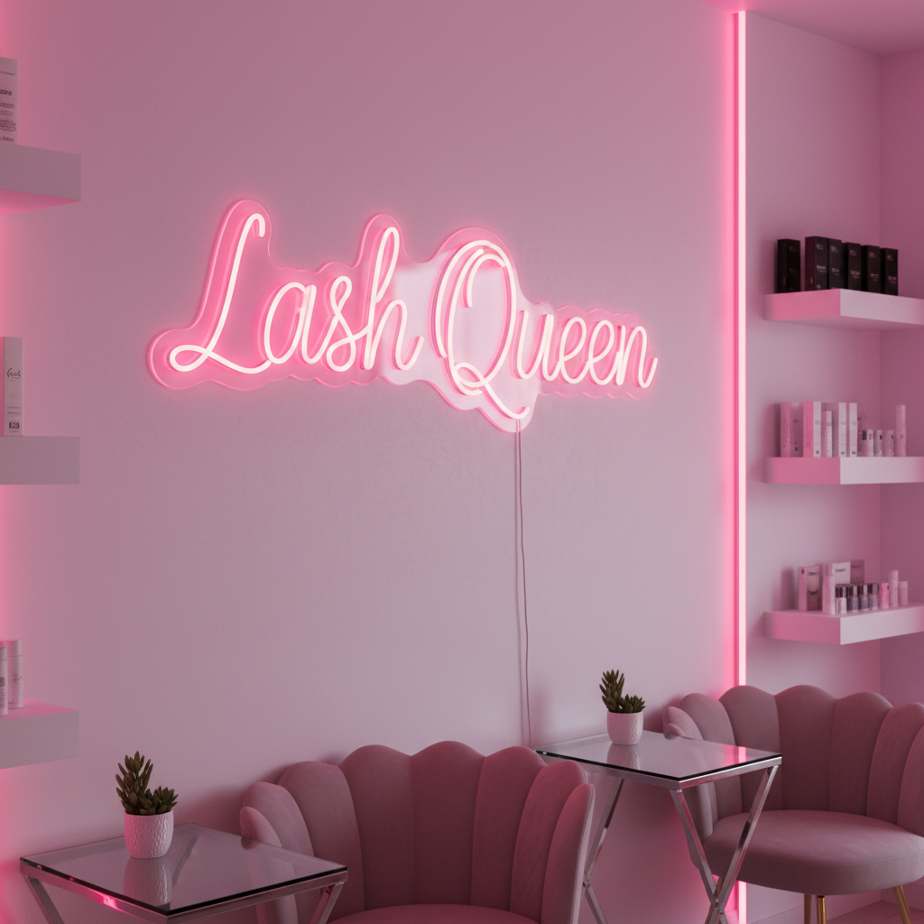Lash Queen pink neon LED sign in a lash studio