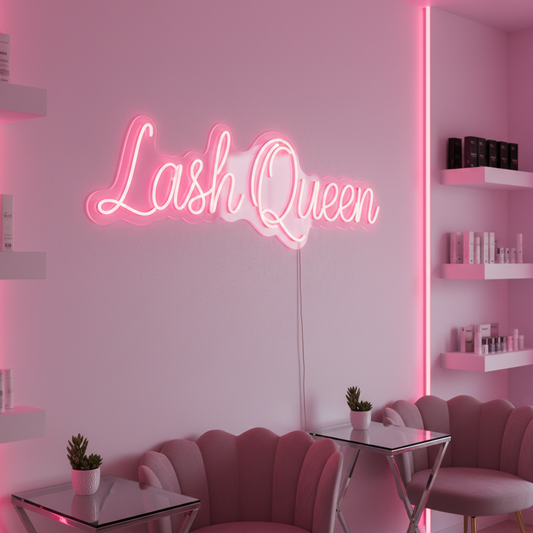 Lash Queen pink neon LED sign in a lash studio