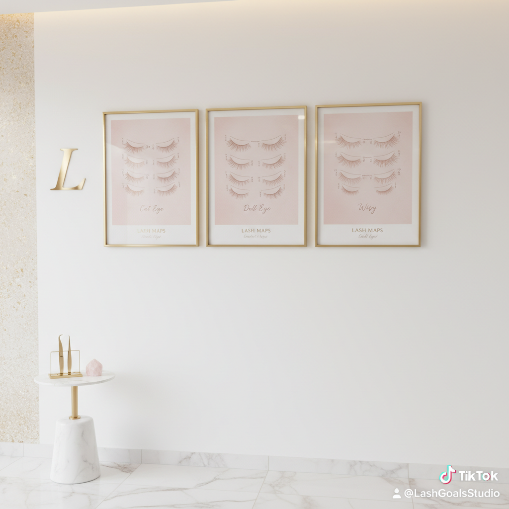 Set of 3 lash map framed wall art prints in a pink and gold lash studio