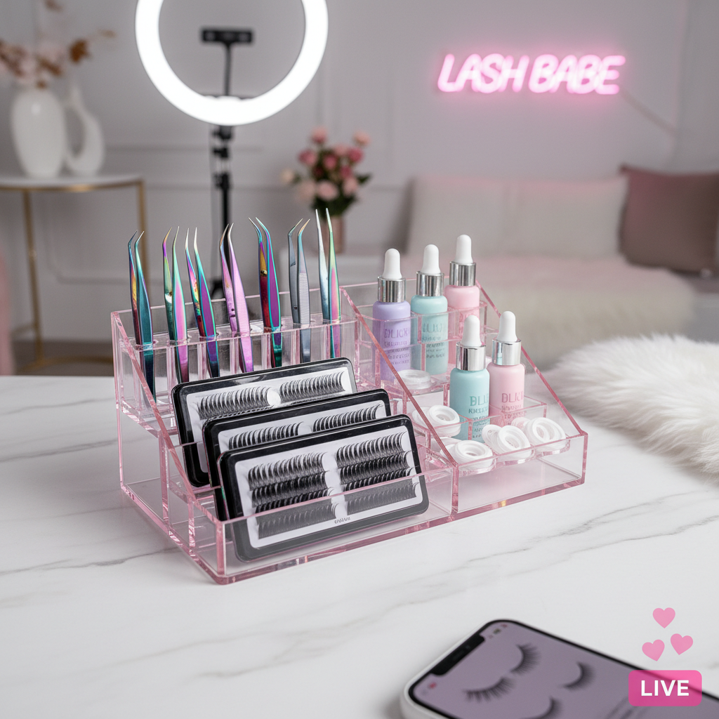 Pink acrylic lash tool organizer on a marble desk in a lash studio