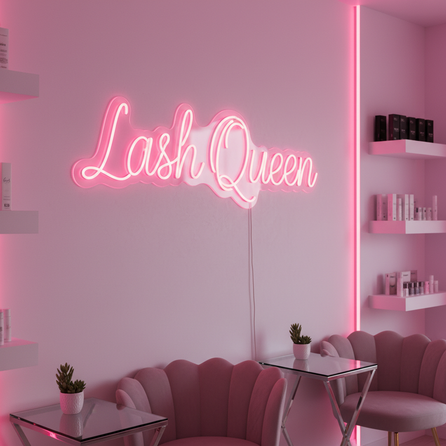 Lash Queen pink neon LED sign in a lash studio