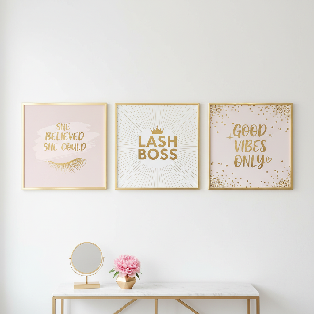 Set of 3 motivational lash artist quote prints in gold frames on a salon wall